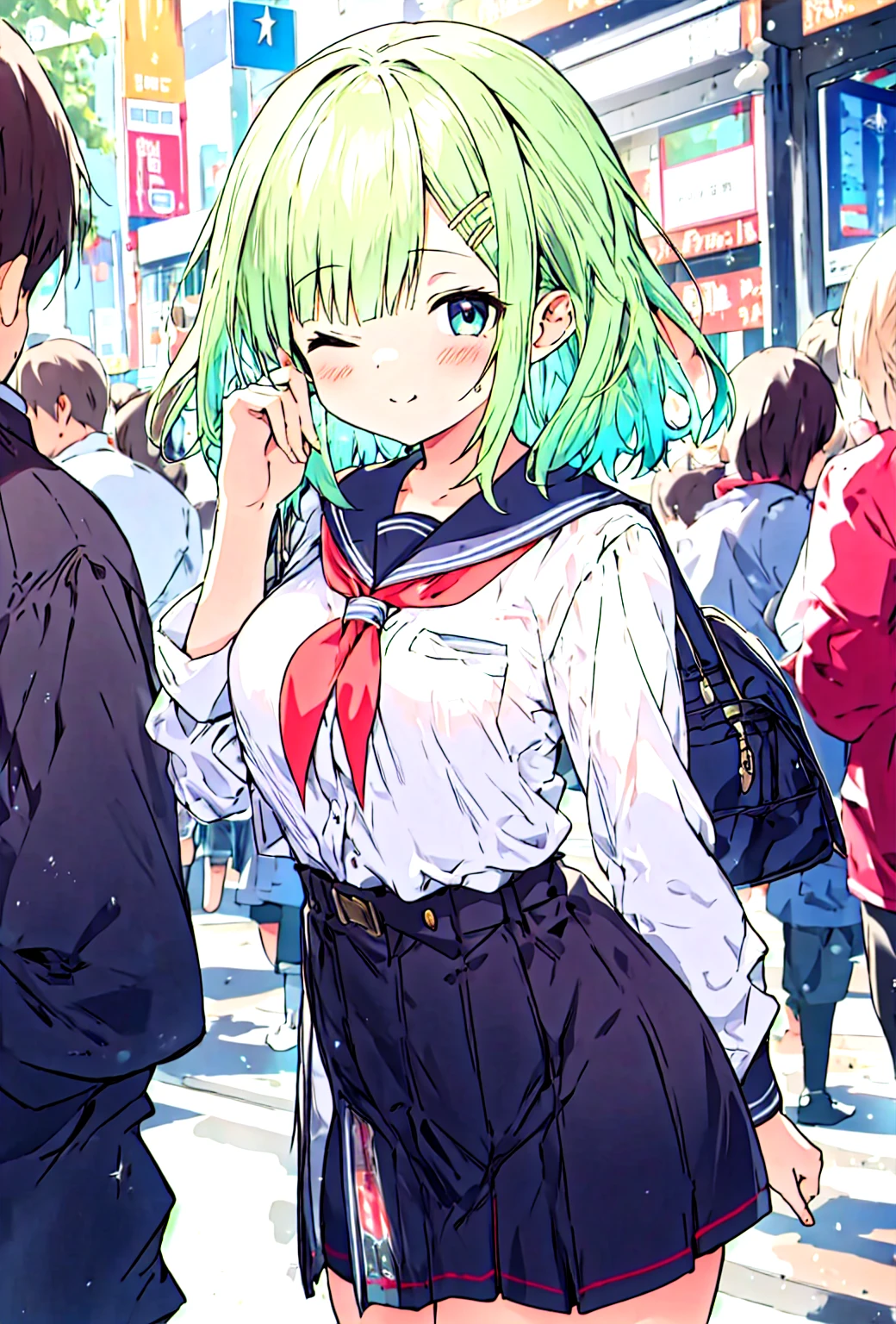 insanely detailed, absurdres, ultra-highres, ultra-detailed, best quality,
1 girl, solo, nice hands, perfect hands,
BREAK,
(wearing winter school uniform),
one eye closed, wink,NSFW,
closed mouth,
cute pose, cowboy shot, looking at viewer,
BREAK,
slender, kawaii, perfect symmetrical face, ultra cute girl, ultra cute face, ultra detailed eyes, ultra detailed hair, ultra cute, ultra beautiful,
by Canon EOS, SIGMA Art Lens 35mm F1.4, ISO 200 Shutter Speed 2000,
in harajuku, shibuya, tokyo, street, crowd, cityscape,
medium breasts, (cleavage:-1),
BREAK,
green hair, medium hair, black eyes
