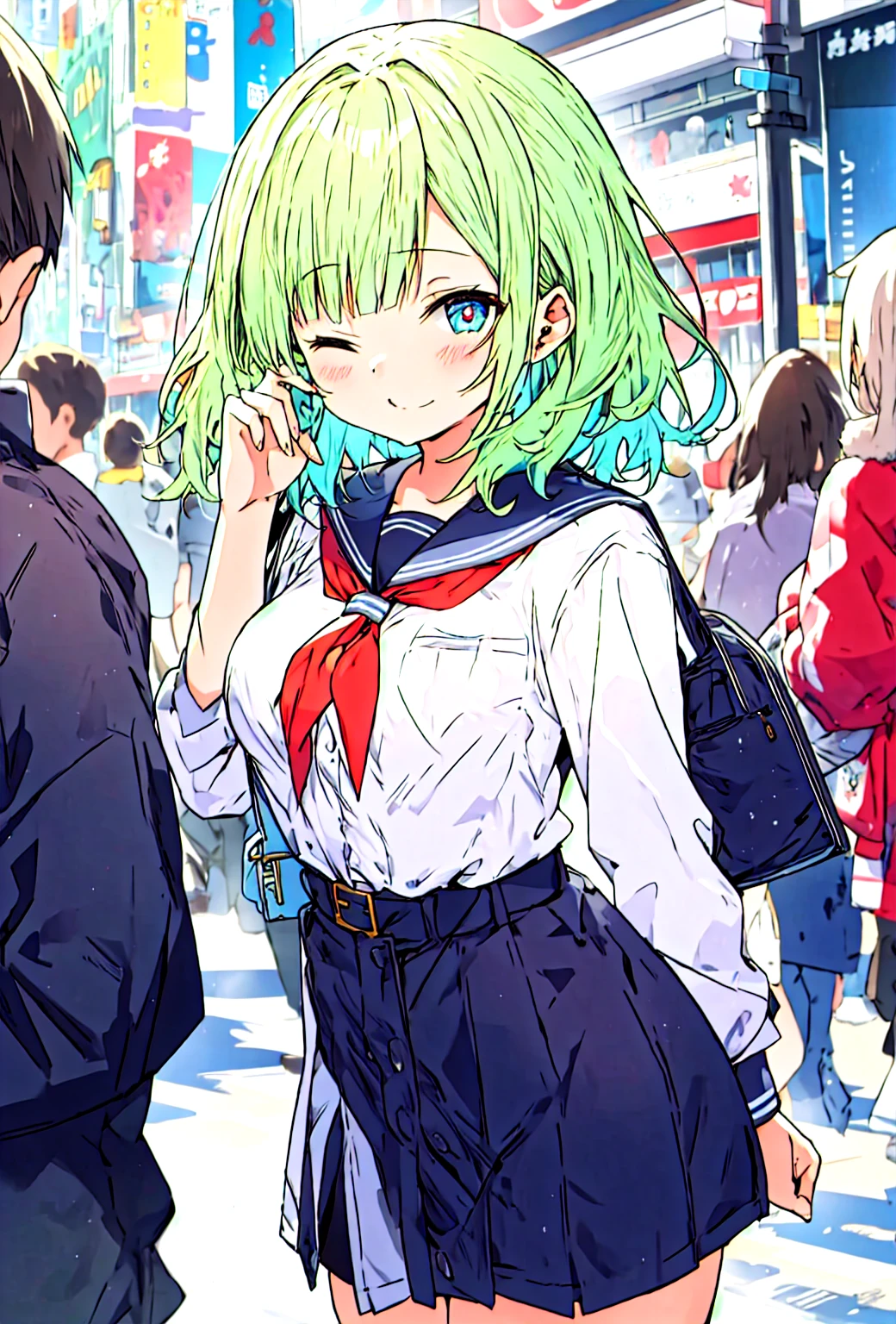 insanely detailed, absurdres, ultra-highres, ultra-detailed, best quality,
1 girl, solo, nice hands, perfect hands,
BREAK,
(wearing winter school uniform),
one eye closed, wink,NSFW,
closed mouth,
cute pose, cowboy shot, looking at viewer,
BREAK,
slender, kawaii, perfect symmetrical face, ultra cute girl, ultra cute face, ultra detailed eyes, ultra detailed hair, ultra cute, ultra beautiful,
by Canon EOS, SIGMA Art Lens 35mm F1.4, ISO 200 Shutter Speed 2000,
in harajuku, shibuya, tokyo, street, crowd, cityscape,
medium breasts, (cleavage:-1),
BREAK,
green hair, medium hair, black eyes