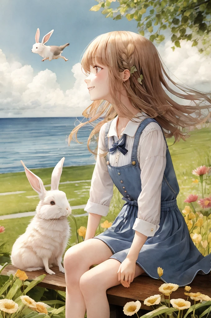 A peaceful and pleasant scene of a girl sitting on a plantation by the sea, holding out vegetables to a white and gray rabbit. The girl is wearing a blue and white striped shirt, a red bow, and brown shorts. The rabbit is looking up at her with curiosity. 
The plantation is full of green plants and carrot. The sea is blue and calm. 
The sky is clear and bright.
BREAK
The girl smiles warmly at the rabbit, who seems to enjoy the vegetables. She gently strokes its fur, feeling its softness. She feels a connection with the animal, as if they share a secret.
BREAK
Suddenly, a gust of wind blows the flowers away, making the girl and the rabbit jump. They look around, wondering what caused the disturbance. They see a seagull flying in the sky, squawking loudly.
