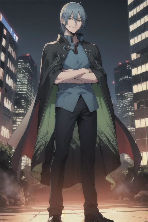 masterpiece, best quality, looking at viewer, 1boy, smirk, naoyadesu, black and green cape, blue shirt, standing, city