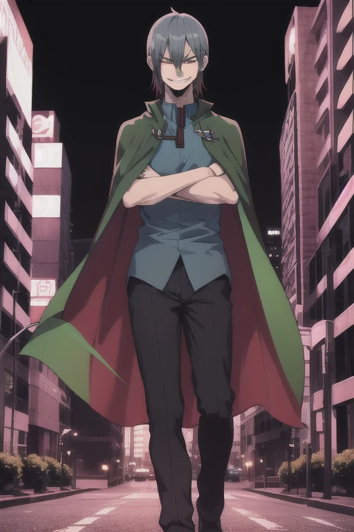 masterpiece, best quality, looking at viewer, 1boy, smirk, naoyadesu, black and green cape, blue shirt, standing, city
