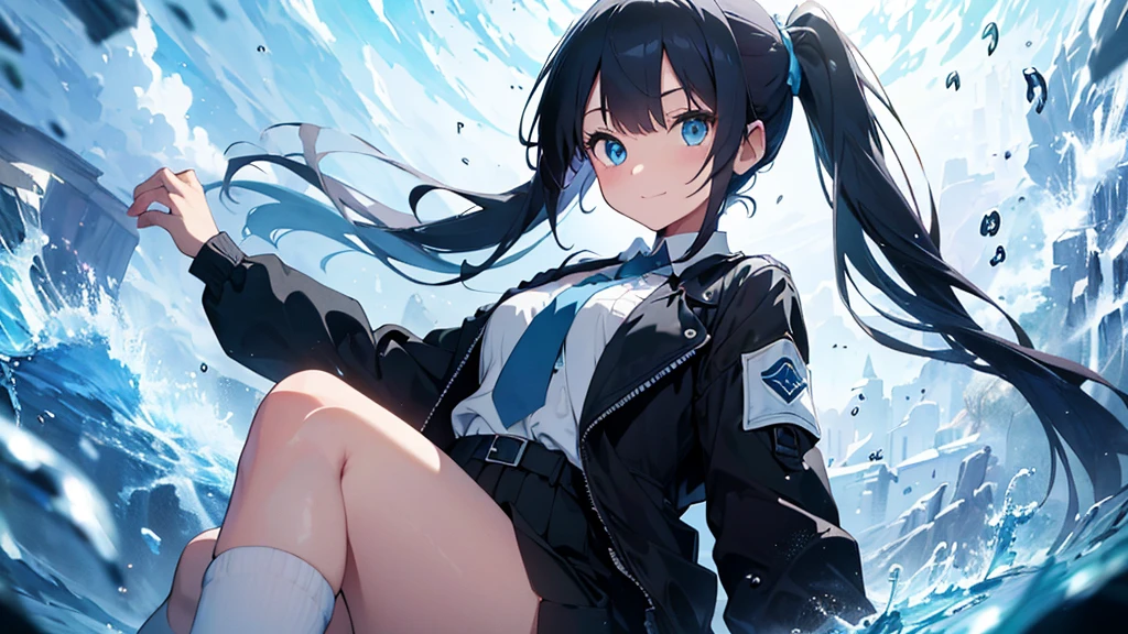 ((Highest quality)), ((masterpiece)), ((Ultra-detailed)), (Very delicate and beautiful), With a girl, solo, Cold attitude,((Black jacket)),She is very(relax)with(Calm)Appearance,Black-haired, Depth of written boundary,Wicked Smile,bubble, Underwater, Air bubbles,bright light blue eyes,Light white hair inside、The hair tips are bright blue,Cold Background,Bob Hair - Line Drawing, Shorts、Knee-high socks、Like a white uniform 、Light blue ribbon tie、The clothes are transparent、Put your hands in your pockets、Eyes as bright as sapphires,Fluorescent Blue, A small blue light was floating、Upward glance、