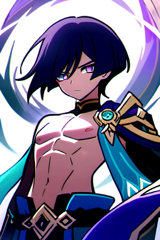 charachter (scaramouhe/wanderer de impacto genshin) Indigo Hair, violet eyes, shirtless with defined abs, face detailed