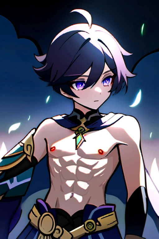 charachter (scaramouhe/wanderer de impacto genshin) Indigo Hair, violet eyes, shirtless with defined abs, face detailed