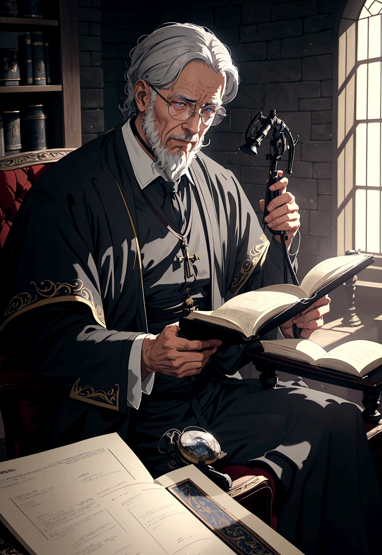 a man with slightly gray hair,professor glasses,wheelchair,research center,medieval era,highly detailed,intricate details,cinematic lighting,dramatic mood,award winning digital painting,octane render,muted color palette,anime,4k,8k,masterpiece