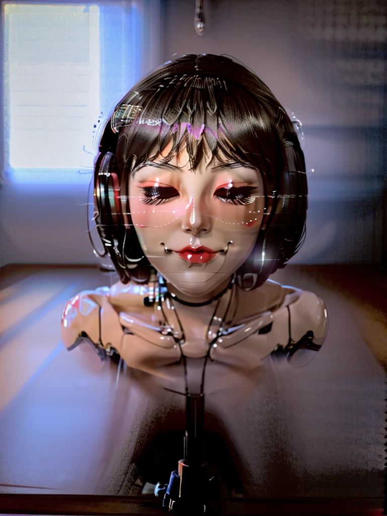 ((Disembodied head on desk stand)), beautiful girl, Ai girl, humanoid , robot girl, 20yo, makeup, eyes closed, short hair, highly detailed face, (realistic), masterpiece, best quality, extremely detailed, soft light, soft shadows, soft backlighting, (best image,best quality:1.5) asian girl, happy face