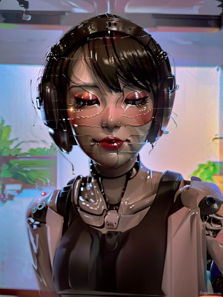 ((Disembodied head on desk stand)), beautiful girl, Ai girl, humanoid , robot girl, 20yo, makeup, eyes closed, short hair, highly detailed face, (realistic), masterpiece, best quality, extremely detailed, soft light, soft shadows, soft backlighting, (best image,best quality:1.5) asian girl, happy face