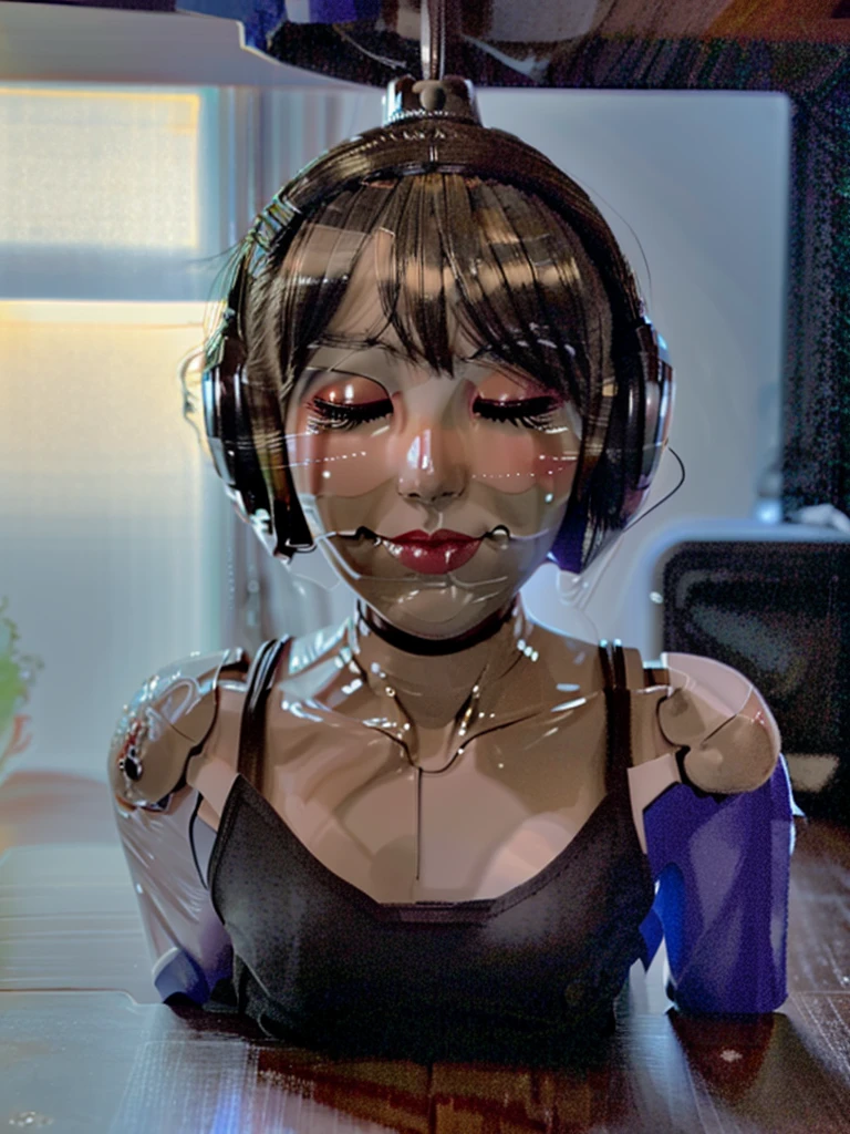 ((Disembodied head on desk stand)), beautiful girl, Ai girl, humanoid , robot girl, 20yo, makeup, eyes closed, short hair, highly detailed face, (realistic), masterpiece, best quality, extremely detailed, soft light, soft shadows, soft backlighting, (best image,best quality:1.5) asian girl, happy face