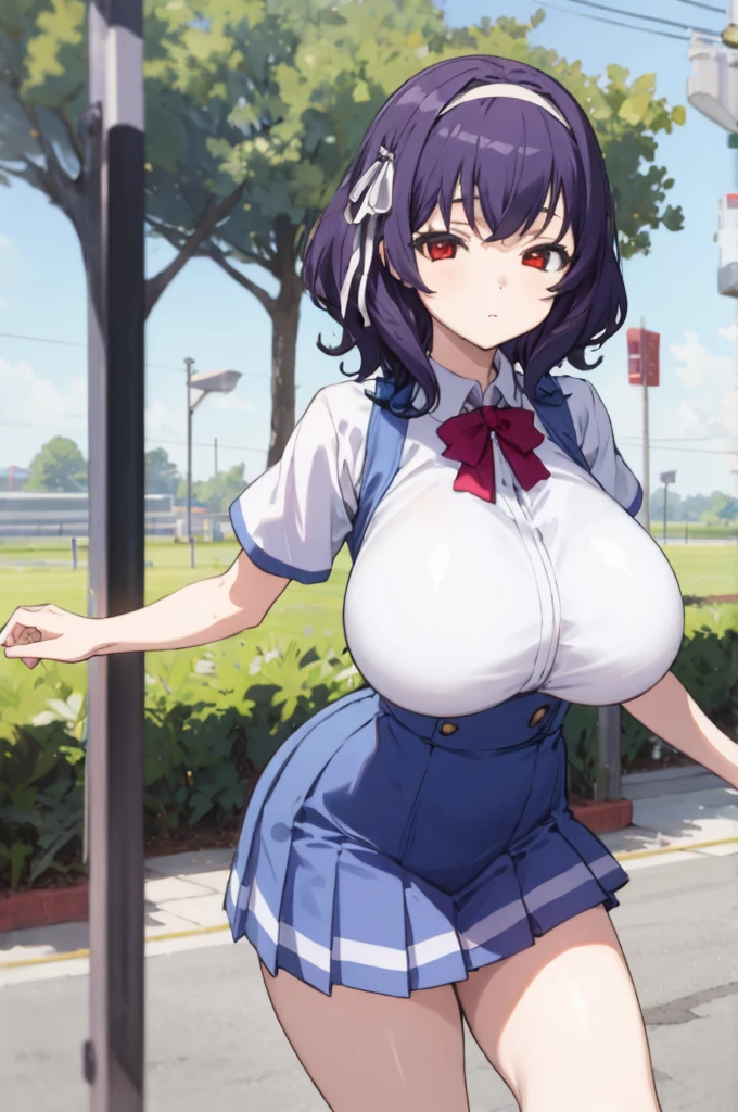 ,1girl, looking at viewer,
yamanobe tomo, purple hair, red eyes, medium hair,  , hairband,white shirts, short sleeves, blue skirt, high waist skirt,,(((huge breasts))), ,socks,standing,,outdoor,expressionless