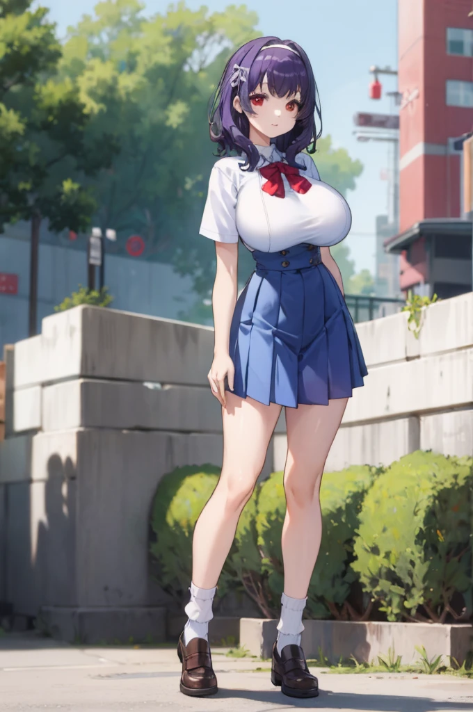 ,1girl, looking at viewer,
yamanobe tomo, purple hair, red eyes, medium hair,  , hairband,white shirts, short sleeves, blue skirt, high waist skirt,,(((huge breasts))), ,socks,standing,,outdoor,expressionless