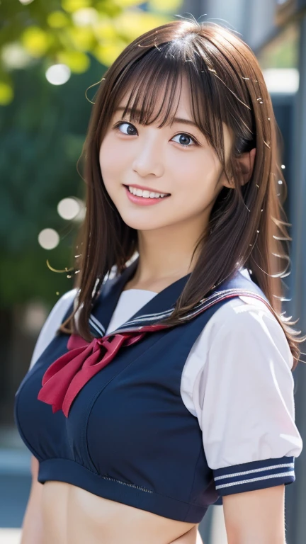 (masterpiece, best quality:1.2), 8k, official art, raw photo, incredibly absurdres, (upper body, sailor uniform, serafuku:1.4), beautiful girl, pretty face, arch back, (navy pleated skirt:1.1), close up, , short sleeve, gardenia, violaceaess, teen, street, looking at viewer, no makeup, film grain, chromatic aberration, sharp focus, facelight, dynamic lighting, cinematic lighting, detailed eyes and face, bokeh background , (gigantic breasts) , (young face:1.4) , (open seifuku:1.3) , (show off blue sexy bra) , light smile