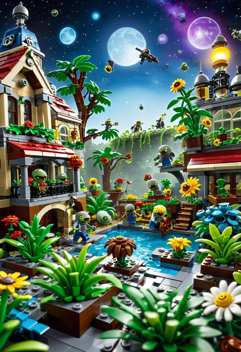 best quality, very good, 16K, ridiculous, Very detailed, Plants vs. Zombies，Made of Lego, Background space（（A masterpiece full of fantasy elements）））， （（best quality））， （（Intricate details））（8K）