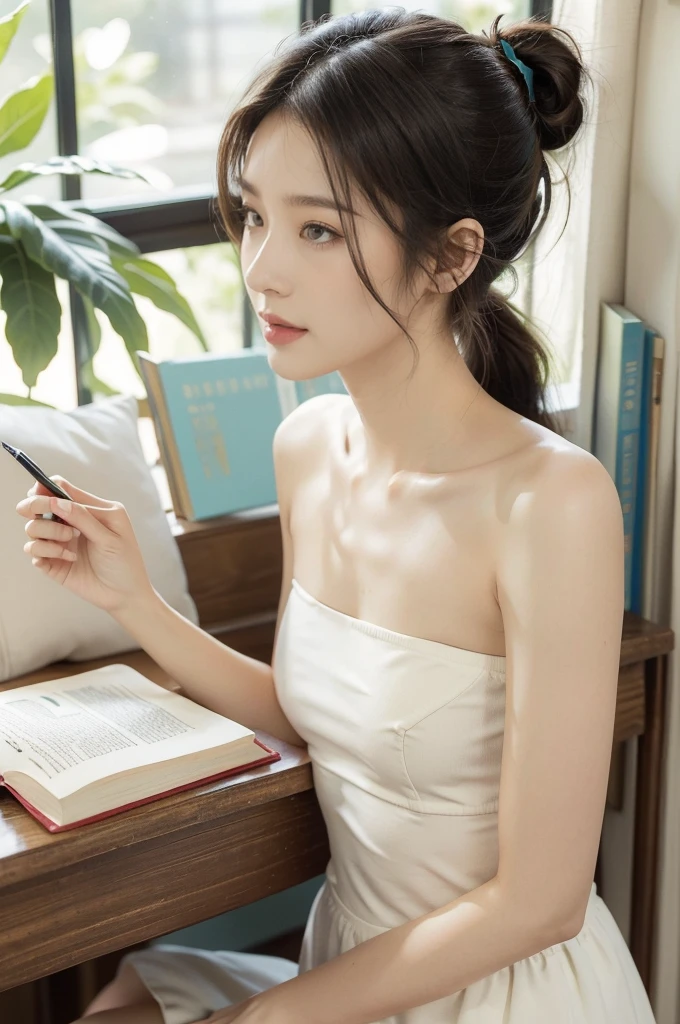 best quality, ultra highres, ultra detailed skin, physically-based rendering,downblouse, looking down,(a japanese girl, bending  over and writing in notepad, on small table, decorated detailed embroidered bra, overlap short sleeves pale vintage dress, small breasts, voluptuous, from side above),(beautiful messy room background:1.2), in wedding party reception, updo, necklace ,loose bra,half visible nipple, slender expressionless, 