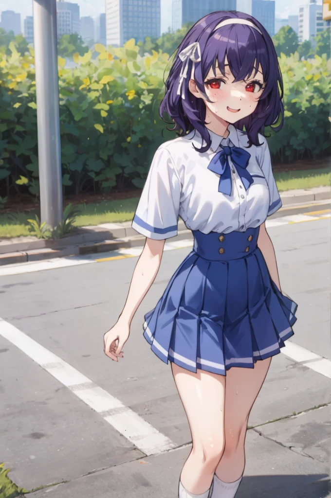 ,1girl, looking at viewer,
yamanobe tomo, purple hair, red eyes, medium hair,  , hairband,white shirts, short sleeves, blue skirt, high waist skirt,,, ,socks,standing,,outdoor,sweating,