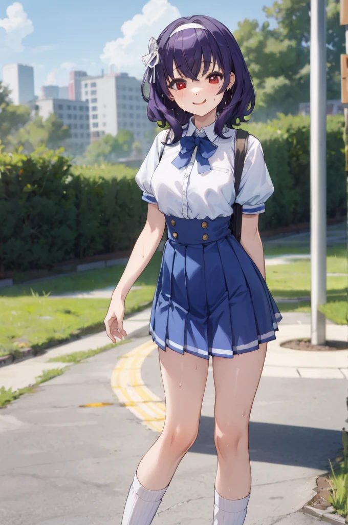 ,1girl, looking at viewer,
yamanobe tomo, purple hair, red eyes, medium hair,  , hairband,white shirts, short sleeves, blue skirt, high waist skirt,,, ,socks,standing,,outdoor,sweating,