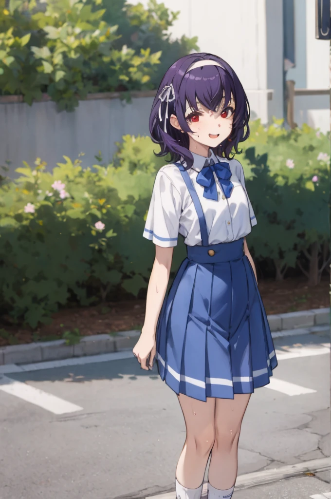 ,1girl, looking at viewer,
yamanobe tomo, purple hair, red eyes, medium hair,  , hairband,white shirts, short sleeves, blue skirt, high waist skirt,,, ,socks,standing,,outdoor,sweating,