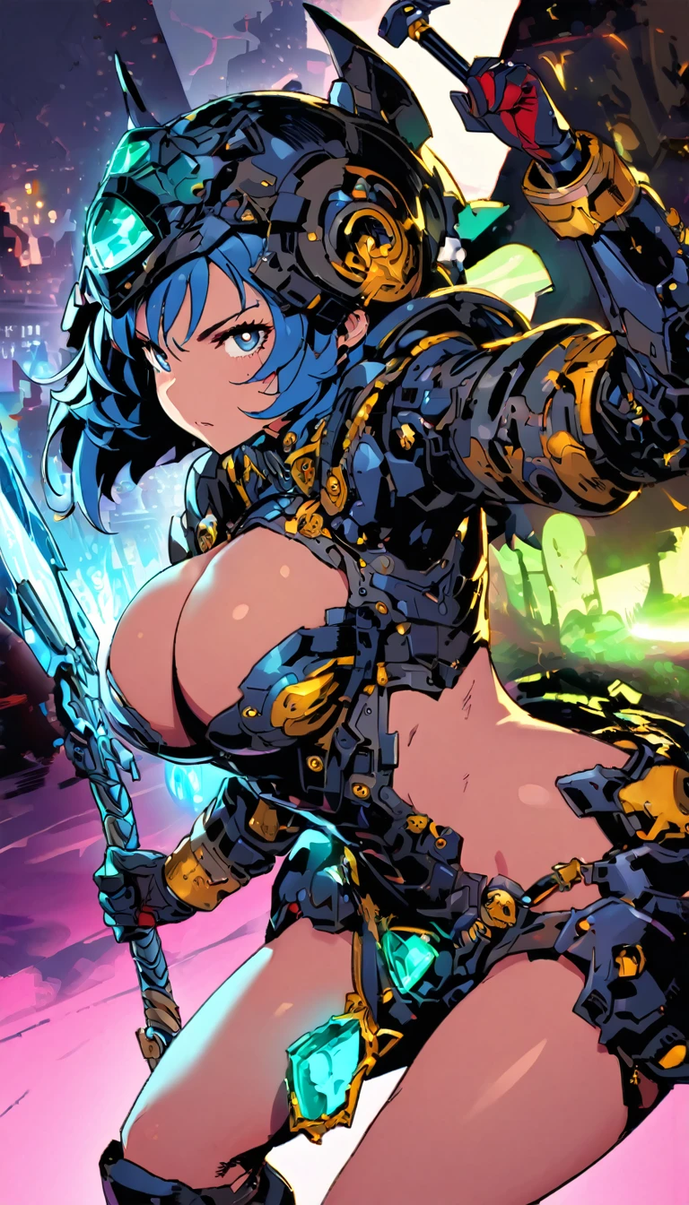 best quality,4k,8k,highres,masterpiece:1.2),ultra-detailed, extremely detailed eyes, extremely detailed body, (large masterpiece digital art), (detailed manga illustration), (detailed line art), ((perfect anatomy)), (intricate details:1.3), (ultra-detailed:1.3), (illustration:1.3), (sharp focus:1.3), (natural lighting:1.05), (vivid colors:1.3), (masterpiece), best quality, expressive eyes, perfect face, 1 girl, breasts, gloves, large breasts, {blue hair}, medium hair, wavy hair, (gray eyes), hourglass physique, huge ass, dynamic pose, dynamic lighting, fur trim, hair bun, glowing, crystal, helm, helmet, armor, ((full armor)), cuisses, shoulder armor, belt, hand guard, boots, glove, particles stream, creationmagic, ethereal creation, Magic Circle, glowing, crystal, jim lee, Brazilian woman, hair bun, fur trim, jewelry, crystal, wild energy, cinematic lighting, heroic atmosphere, Beautiful woman, Atey Ghailan, Jeremy Mann, Greg Manchess, Antonio Moro, trend in ArtStation, trend in CGSociety, Intricate, High Detail, Sharp focus, dramatic and photorealistic painting art by Midjourney and Greg Rutkowski, Marvel Cinematic Universe style, (((mystical gothic castle in the background))), crystal sword in hand,