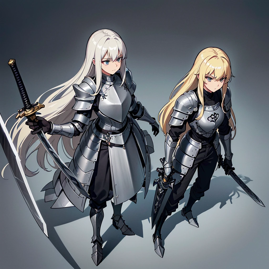 Best illustrations、Best Quality、(Full body character concept、detailed)、(((Simple grey armor、Black trousers、Black gloves))、(woman、18-year-old)、(Blonde、Long Hair)、(((Grab the sword、Get Ready)))、(From above at an angle)