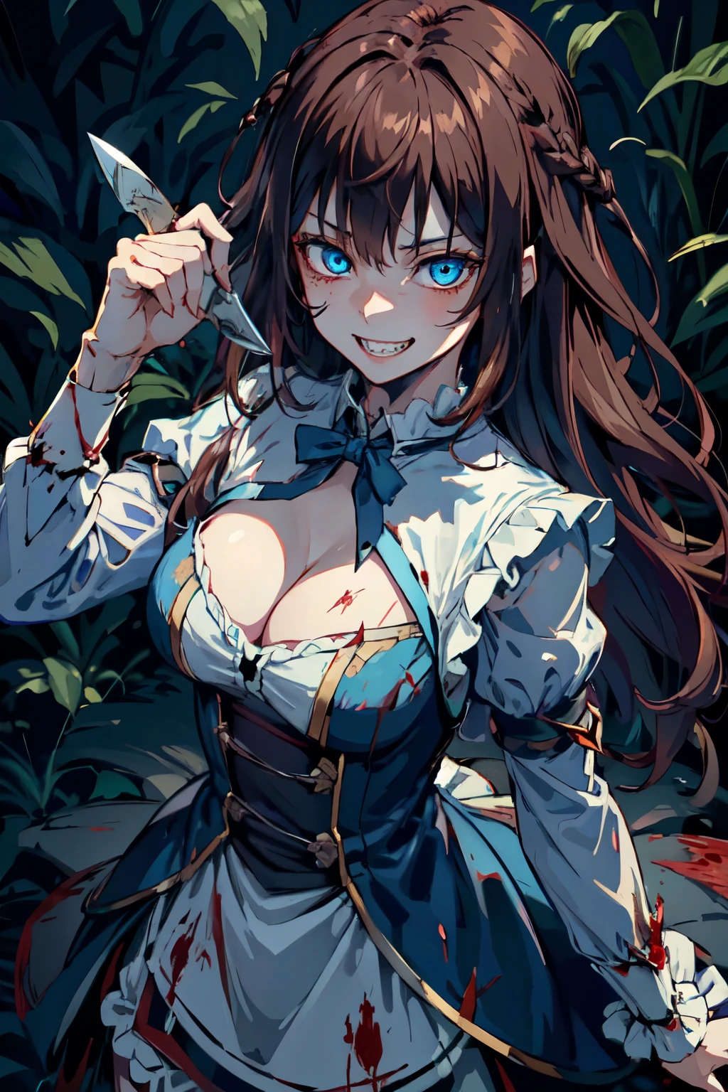 Best quality, 4K,Masterpiece, Extremely detailed, 8K, High detail, Sharp focus, 1girl, Solo, Alice in wonderland, brown hair, Detailed eyes, Smile, Gesugao, (Evil smile:1.1), Sharp teeth, (Crazy blue eyes:1.2), Yandere, holding knives, (blood spatter:0.95)