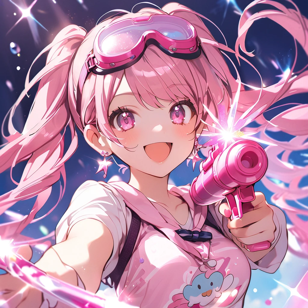 girl goggles, medium breasts, earrings, twintails, pink hair, pink eyes, open mouth smile, glitter, cute, energetic, pink color sparkling water gun, pink theme