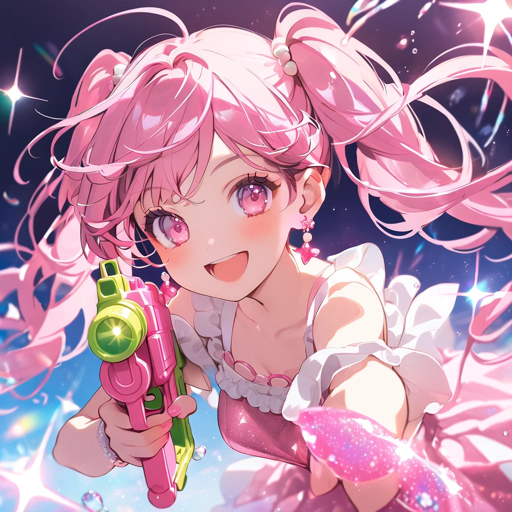 girl goggles, medium breasts, earrings, twintails, pink hair, pink eyes, open mouth smile, glitter, cute, energetic, pink color sparkling water gun, pink theme