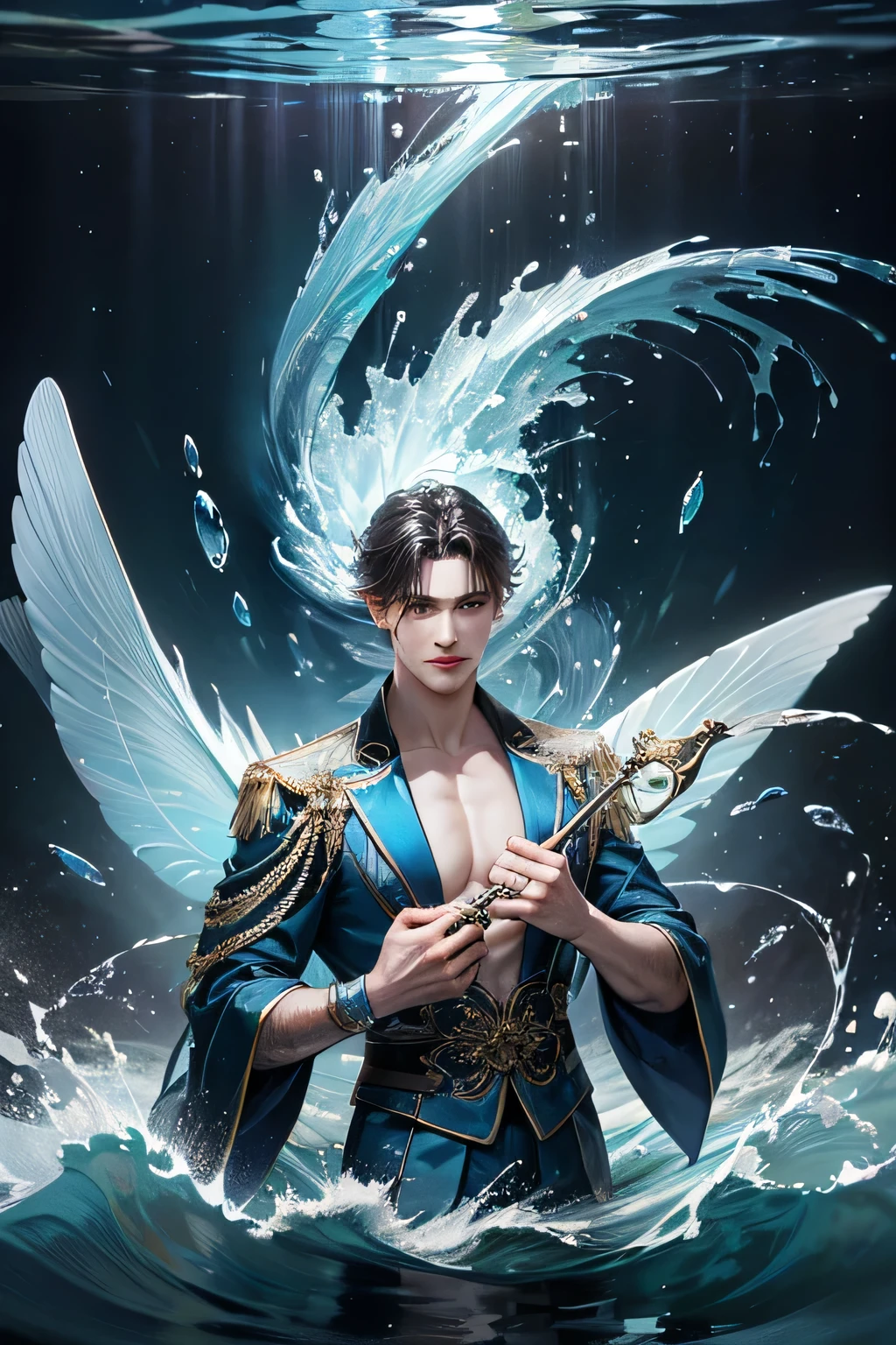 "Create an ultra-realistic image of a strikingly handsome male fairy with large, graceful wings that reflect the essence of water and waves. He should be holding a water staff that radiates the energy of flowing water. Dress him in an elegant, dark blue outfit that captures the depth and mystery of the ocean. Surround him with elements of water, such as dynamic waves and cascading waterfalls, to highlight his connection to this element. Include a distinct water symbol or design on his body, indicating his role as the keeper of water and the deep ocean, showcasing the powerful aquatic energy he embodies within him."