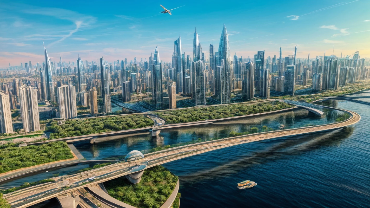 (Best quality,4K,8K,A high resolution,Masterpiece:1.2),Ultra-detailed,(Realistic,Photorealistic,photo-realistic:1.37),Futuristic floating city,Futuristic technology,Huge urban high-tech tablet platform,Airship,Floating in the sky,Futuristic city,Small airships around,High-tech hemispherical platform,Colorful lights,Advanced architecture,modernn architecture,skyscrapper,Access the cloud,Scenic beauty,view over city,Impressive design,Blend seamlessly with nature,energetic and vibrant atmosphere,Futuristic transportation system,Parking is suspended,Transparent path,Lush greenery,Sky gardens,cascading waterfalls,Magnificent skyline,reflections on the water,Sparkling river,Architectural innovation,futuristic skyscrapers,Transparent dome,The shape of the building is unusual,Elevated walkway,Impressive skyline,Glowing lights,Futuristic technology,Minimalist design,Scenic spots,Panoramic view,Cloud Piercing Tower,Vibrant colors,epic sunrise,epic sunset,Dazzling light display,magical ambiance,The future city,Urban Utopia,LuxuryLifestyle,Innovative energy,sustainable development,Smart city technology,Advanced infrastructure,Tranquil atmosphere,Nature and technology live in harmony,Awesome cityscape,Unprecedented urban planning,Architecture connects seamlessly with nature,High-tech metropolis,A cutting-edge engineering marvel,The future of urban living,Visionary architectural concept,Energy-efficient buildings,Harmony with the environment,A city floating above the clouds,Utopian dreams become reality,The possibilities are endless,State-of-the-art transportation network,Green energy integration,Innovative materials,Impressive holographic display,Advanced communication system,Breathtaking aerial view,Quiet and peaceful environment,Modernist aesthetics,Ethereal beauty