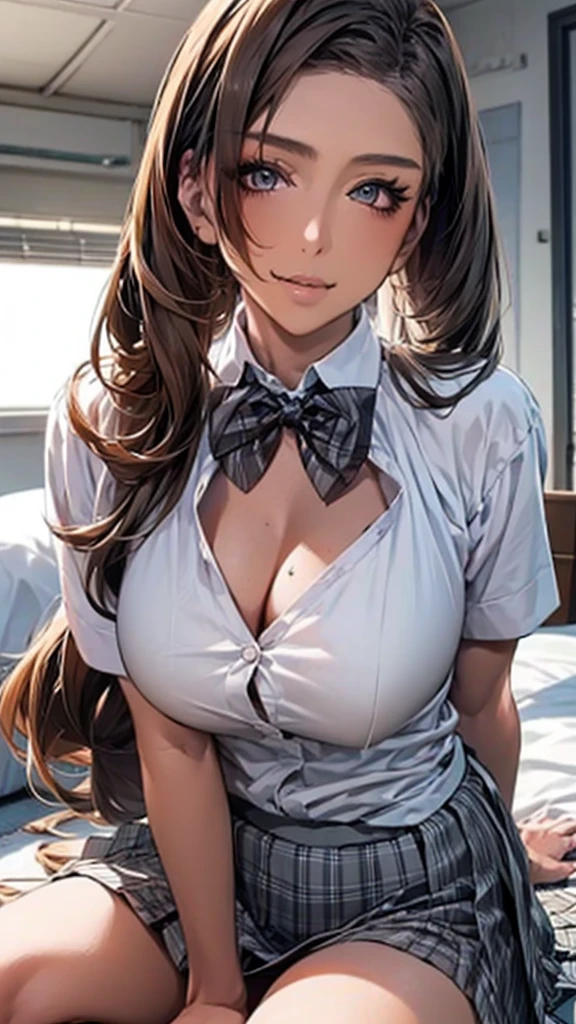 (masterpiece:1.2, Highest quality), (Realistic, photoRealistic:1.4), Beautiful illustrations, 
View your viewers, whole body, Front view:0.6, 
1 Girl, Japanese, high School girl, (Long Hair:1.5), Let your hair flutter, (Side Ponytail), Hair on one eye, Large Breasts:0.8, 
Beautiful Hair, Beautiful Face, Beautiful attention to detail, Beautiful clavicle, Beautiful body, Beautiful breasts, Beautiful thighs, Beautiful feet, Beautiful fingers, 
(Beautiful views), School,
((Collared short-sleeved shirt, White shirt, , Grey plaid pleated skirt, Blue checked bow tie)), White panties, 
(squat, , Lift up your skirt, Grab the hem of the skirt, Place your hand on your chest, Hands between legs, ,