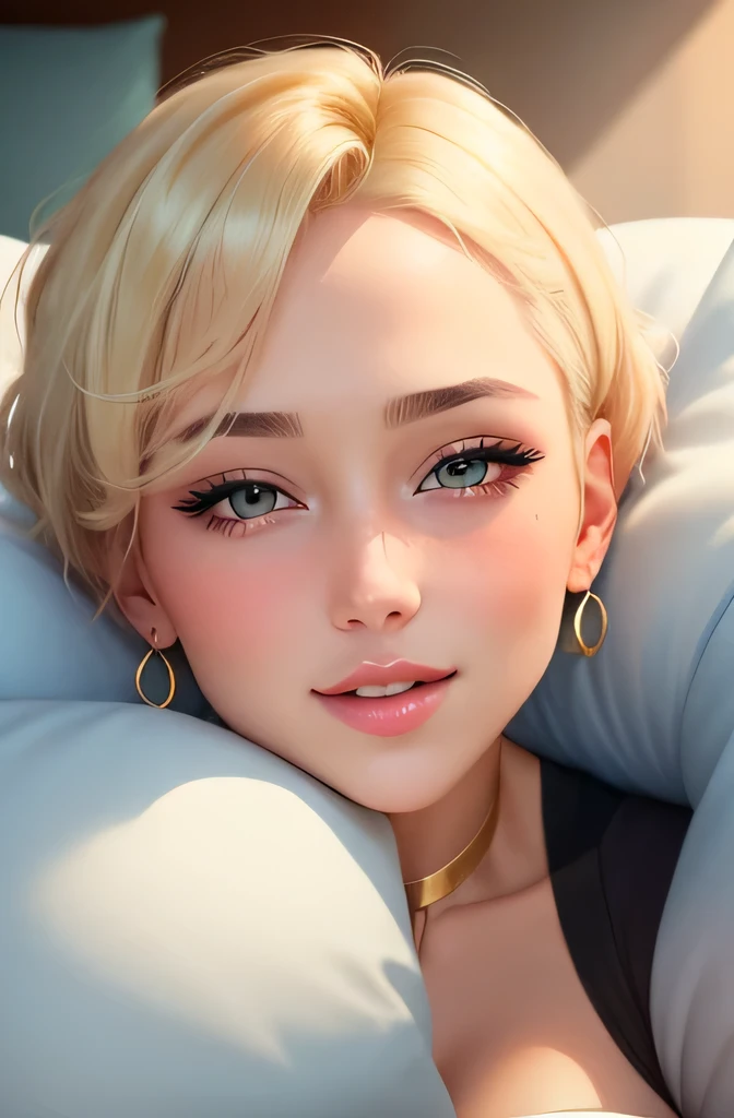 Amazing portrait of a sexy and cute woman with a beautiful face and an intense gaze smiling at us and blushing with her short blonde hair in a bob wearing some elegant earrings and a white full sleeve crop top showcasing her cleavage and a denim miniskirt lying on the bed with her head resting on a pillow facing us having medium chest with cleavage and a perfect body
