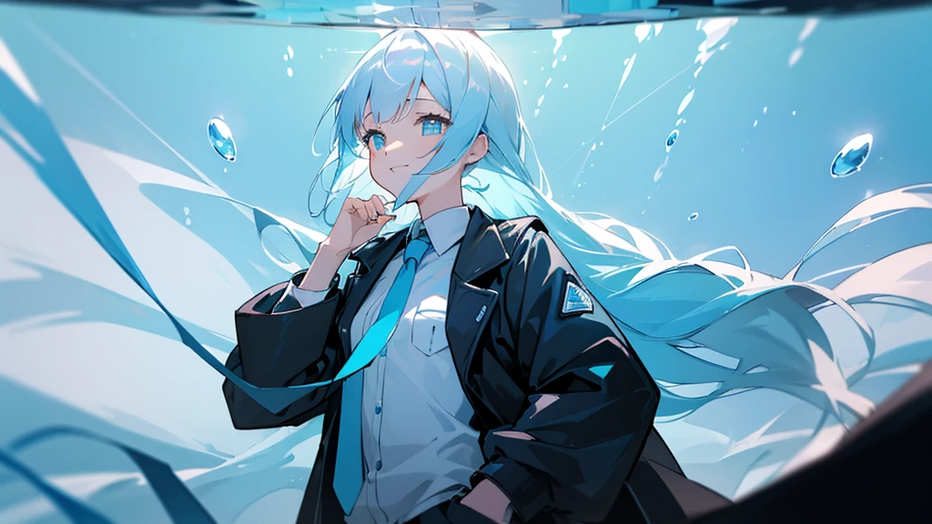 ((Highest quality)), ((masterpiece)), ((Ultra-detailed)), (Very delicate and beautiful), With a girl, solo, Cold attitude,((Black jacket)),She is very(relax)with(Calm)Appearance,Black-haired, Depth of written boundary,Wicked Smile,bubble, Underwater, Air bubbles,bright light blue eyes,Light white hair inside、The hair tips are bright blue,Cold Background,Bob Hair - Line Drawing, Shorts、Knee-high socks、Like a white uniform 、Light blue ribbon tie、The clothes are transparent、Put your hands in your pockets、Eyes as bright as sapphires,Fluorescent Blue, A small blue light was floating、Upward glance、