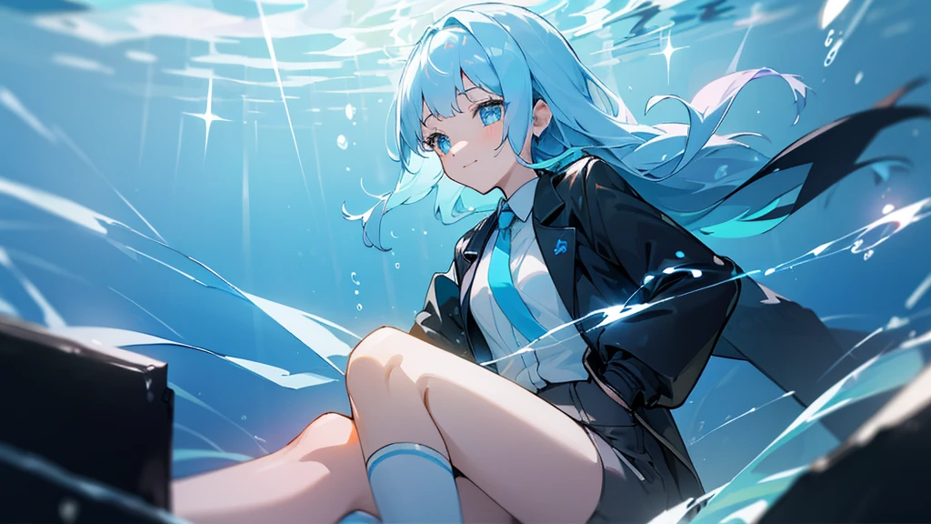 ((Highest quality)), ((masterpiece)), ((Ultra-detailed)), (Very delicate and beautiful), With a girl, solo, Cold attitude,((Black jacket)),She is very(relax)with(Calm)Appearance,Black-haired, Depth of written boundary,Wicked Smile,bubble, Underwater, Air bubbles,bright light blue eyes,Light white hair inside、The hair tips are bright blue,Cold Background,Bob Hair - Line Drawing, Shorts、Knee-high socks、Like a white uniform 、Light blue ribbon tie、The clothes are transparent、Put your hands in your pockets、Eyes as bright as sapphires,Fluorescent Blue, A small blue light was floating、Upward glance、