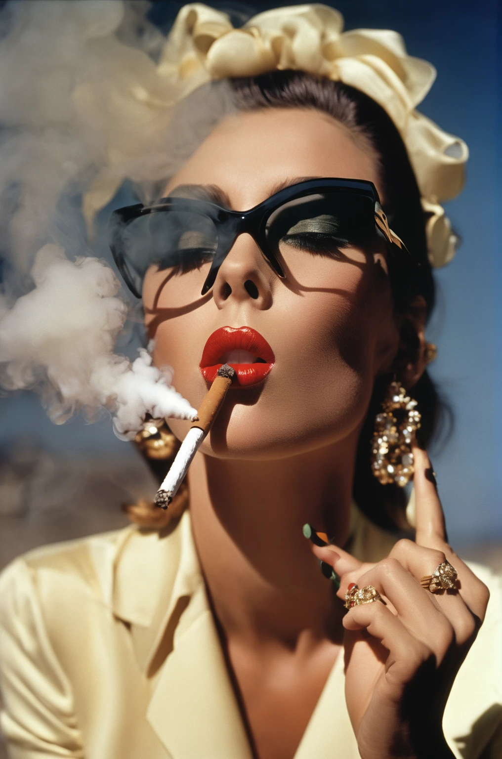 araffe smoking a cigarette in a full color photo, dramatic smoking pose, smoking, smoke out of her eyes, smoking a cigarrette🚬, smoke coming out of her mouth, smoking woman, cigarette smoke, smoke around her, by Jerry Schatzberg, smokes, taking a smoke break, inspired by Jerry Schatzberg, smoking weed