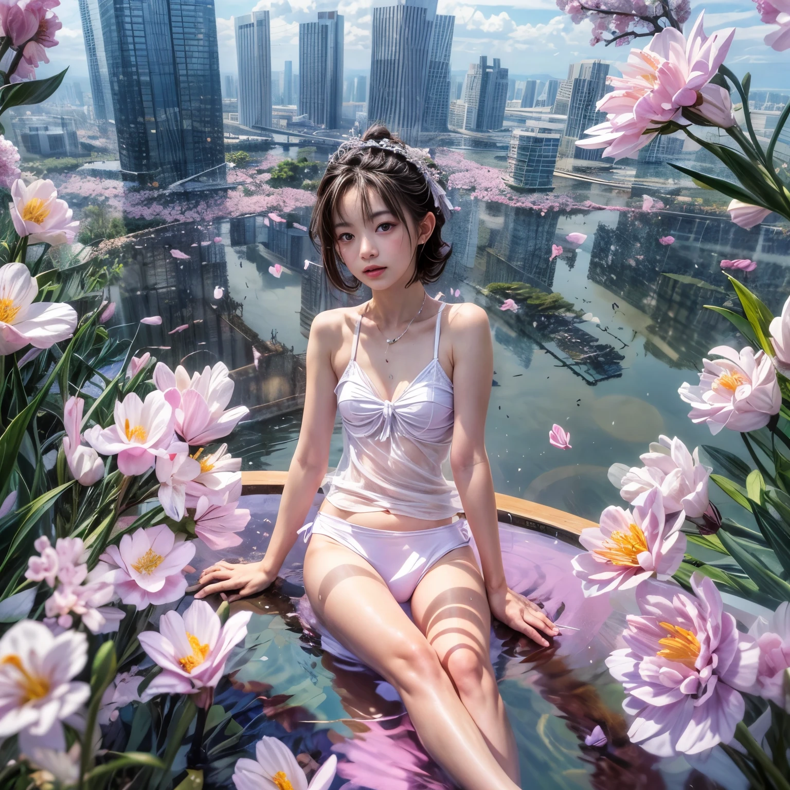 280th floor infinity pool,The tallest building in the urban forest, {Around bonsai|Luo Han Song|coconut palms|tulips|Rose flower}, ExtermlyDetaild(ProfessionlPhoto of Girl floating in the sky:1.37)(Masterpiece 8K TopQuality:1.2), (ExtremelyDetailed KAWAII face Eyes:1.28){ElaboratePupils with (SparklingHighlights:1.28)|DoubleEyelids with (Voluminous LongEyelashes:0.88)|RosyCheeks} BREAK Detailed impeccable Radiant PearlSkin with Transparency, Skinny(SchoolSwimwear:1.37) beautiful graceful {(HiddenHand)|(Corrected BabyLikeHand)} (Whole Body Proportions and all limbs are Anatomically Accurate), Full of Flowers