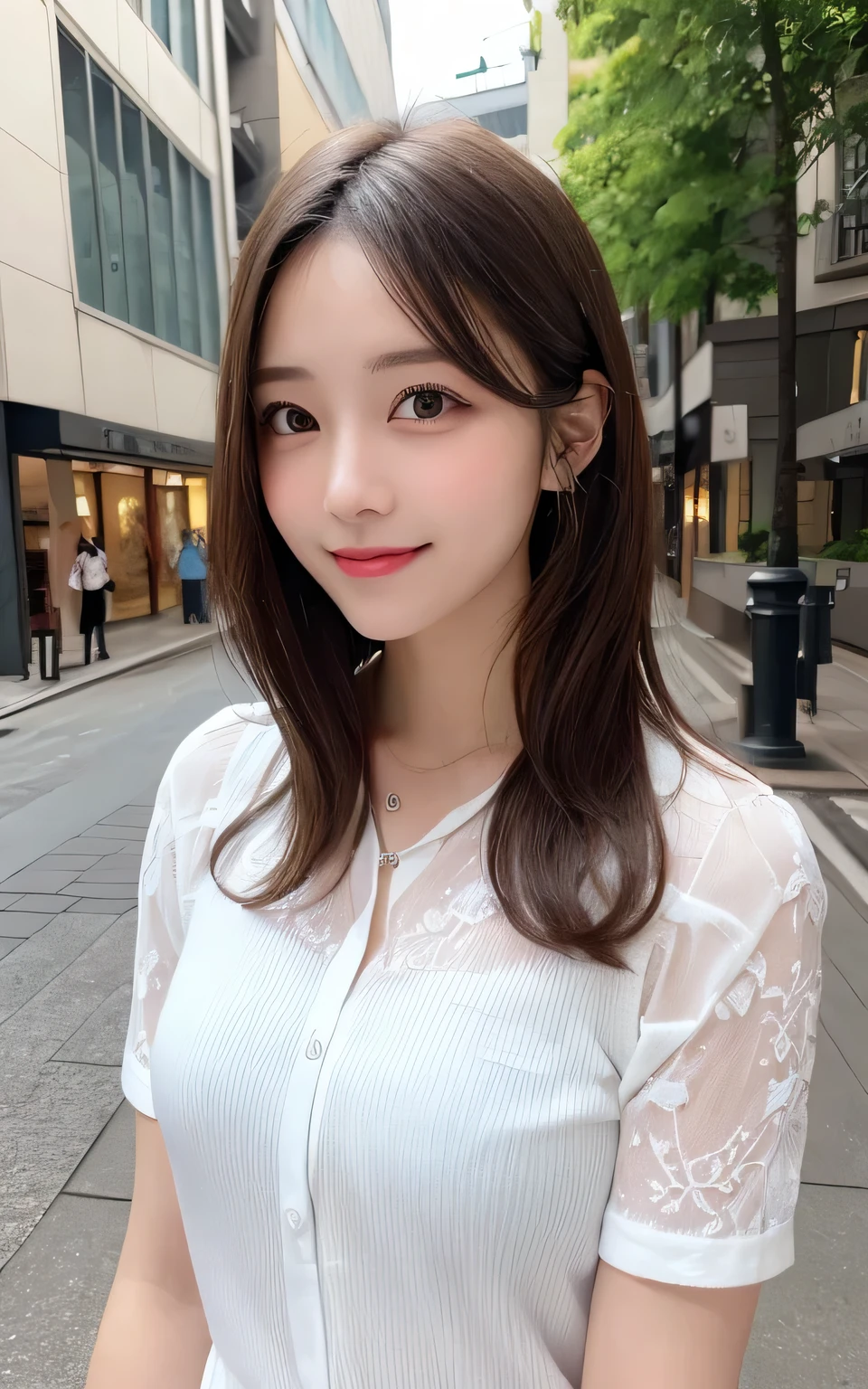 Best Quality, Illustration, Ultra-detailed, finely detail, hight resolution, Perfect dynamic composition, Beautiful detailed eyes, ,Medium Hair, Natural Color Lip, Random and sexy poses,Smile,Aoyama Street Walk、A 24-year-old girl、White blouses