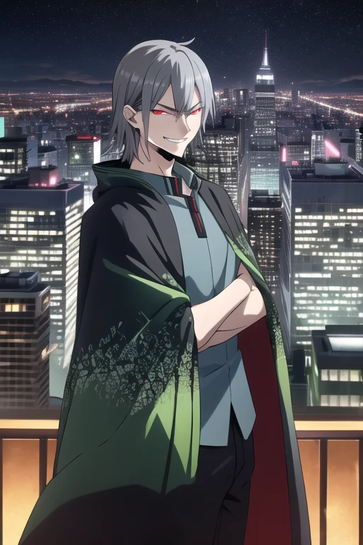 masterpiece, best quality, looking at viewer, 1boy, smirk, naoyadesu, black and green cape, blue shirt, standing, city, grey hair, red eyes