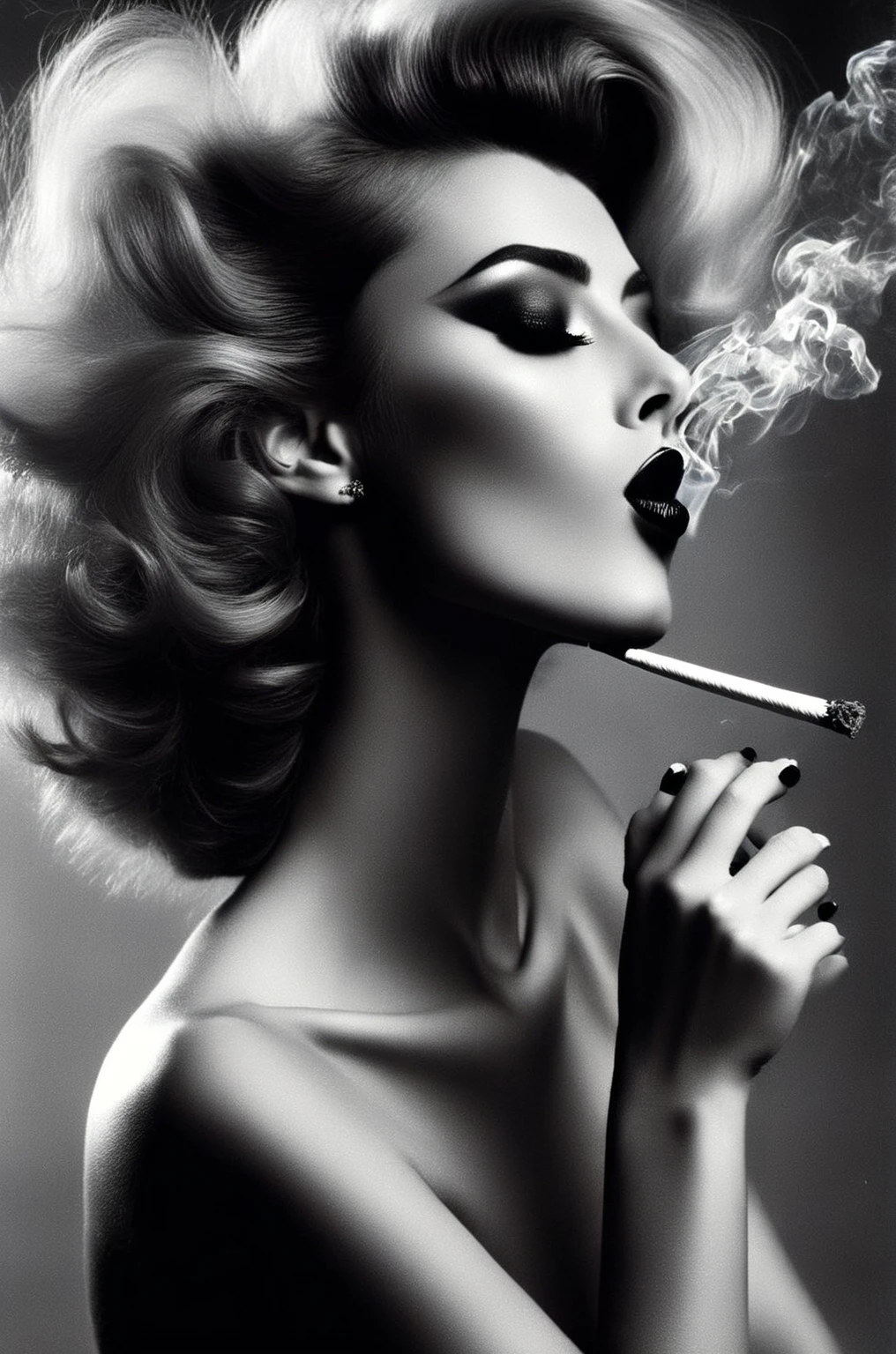 a photo realistic picture of a woman can be seen smoking a cigarette, in the style of monochromatic masterpieces, strong contrast between light and dark, dramatic lighting , in the style of silhouette photography , provide a variation of camera angels romantic emotivity
