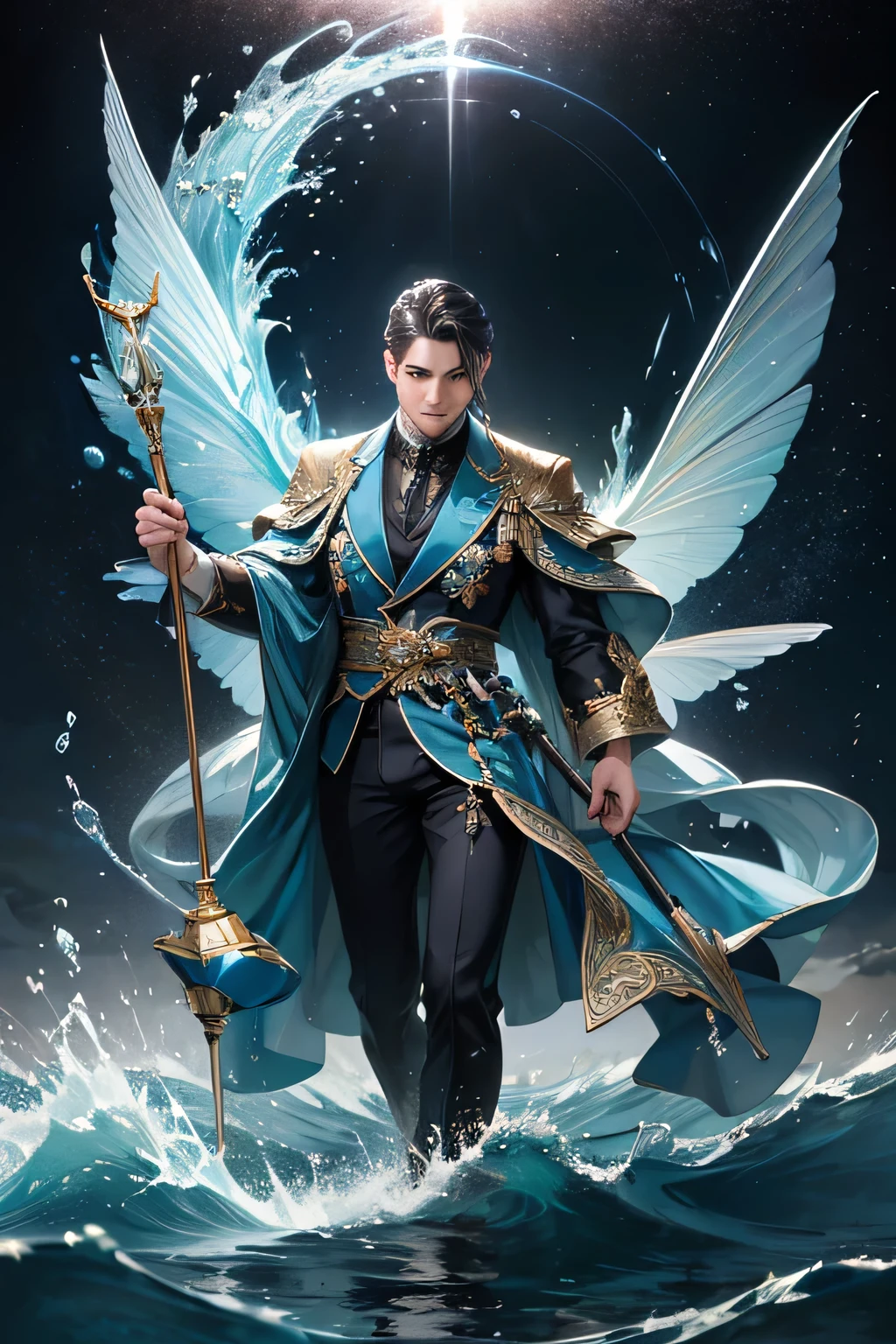 "Create an ultra-realistic image of a strikingly handsome male fairy with large, graceful wings that reflect the essence of water and waves. He should be holding a water staff that radiates the energy of flowing water. Dress him in an elegant, dark blue outfit that captures the depth and mystery of the ocean. Surround him with elements of water, such as dynamic waves and cascading waterfalls, to highlight his connection to this element. Include a distinct water symbol or design on his body, indicating his role as the keeper of water and the deep ocean, showcasing the powerful aquatic energy he embodies within him."