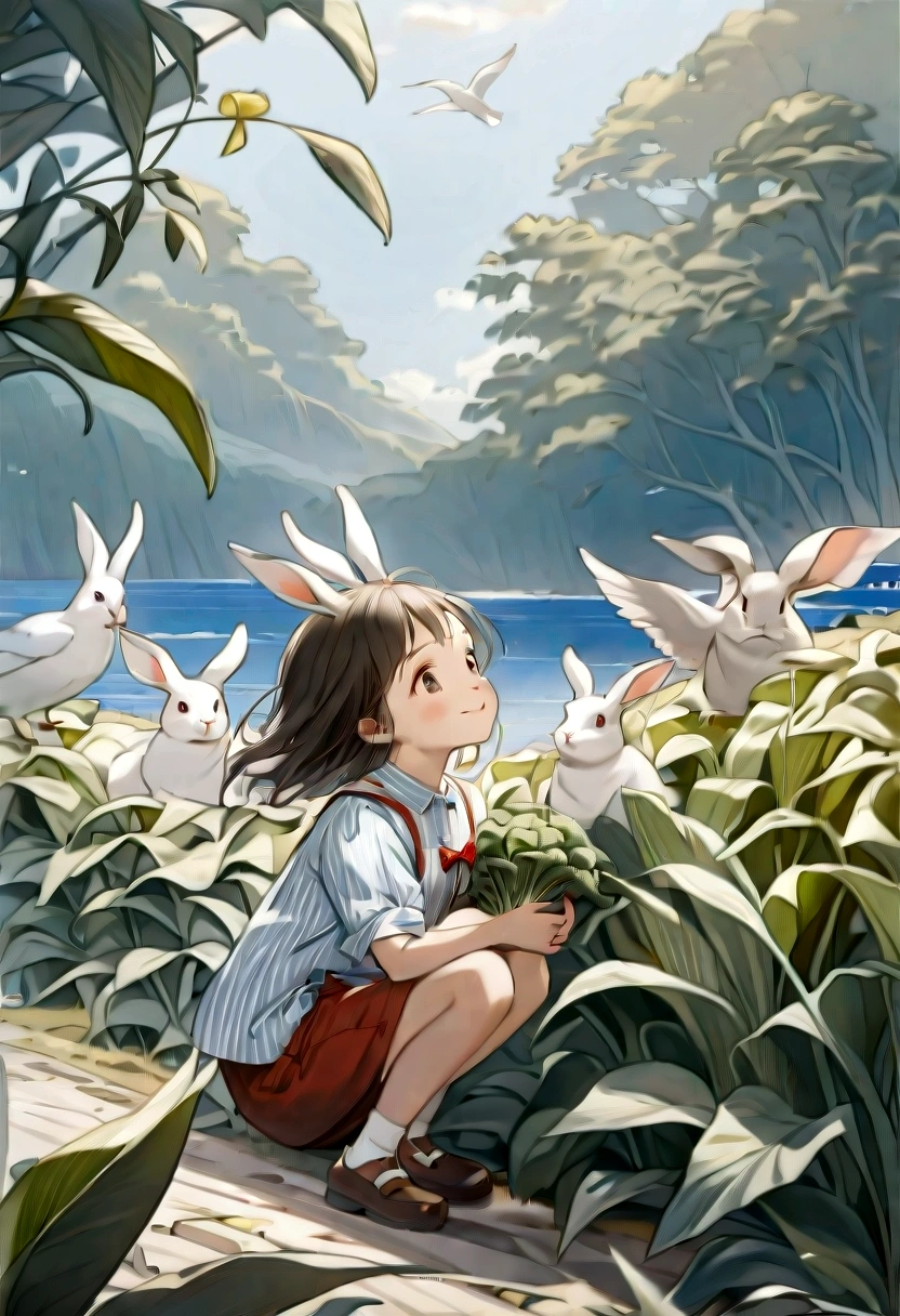 A peaceful and pleasant scene of a girl sitting on a plantation by the sea, holding out vegetables to a white and gray rabbit. The girl is wearing a blue and white striped shirt, a red bow, and brown shorts. The rabbit is looking up at her with curiosity.
The plantation is full of green plants and carrot. The sea is blue and calm.
The sky is clear and bright.
BREAK
The girl smiles warmly at the rabbit, who seems to enjoy the vegetables. She gently strokes its fur, feeling its softness. She feels a connection with the animal, as if they share a secret.
BREAK
Suddenly, a gust of wind blows the flowers away, making the girl and the rabbit jump. They look around, wondering what caused the disturbance. They see a seagull flying in the sky, squawking loudly.