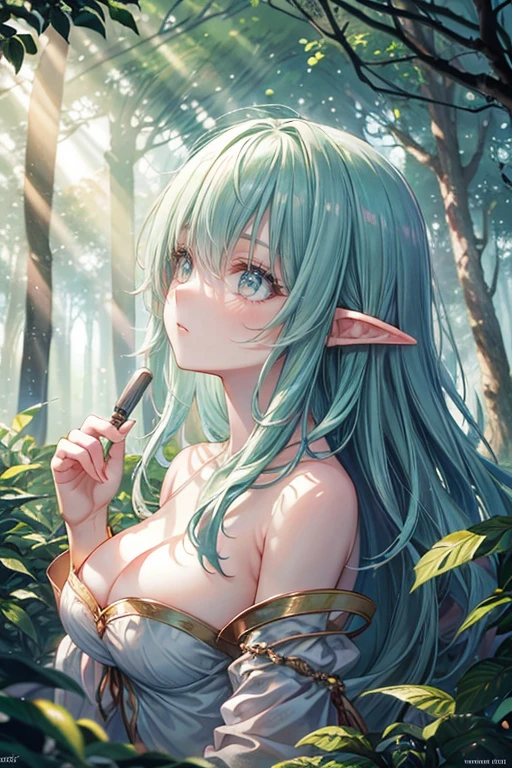 (High resolution,Highest quality),Detailed elven woman,Detailed face,Fine grain,Look up at the sky,Half naked,Vibrant colors,Landscape Background,Forest Elements,waterfall,Ethereal atmosphere,Soft sunlight,Calm expression,Flowing Hair,Fantasy Setting,Magical atmosphere,Glowing Flower,Delicate features,Enchanted Forest,light,pastel colour,Mystical Creatures,Majestic Tree々,Carbonated water,Mottled Shadows,Heavenly Beauty,Ferocious yet elegant,Graceful posture,A strong connection with nature,Mystical Eyes,Wisdom and magic,A harmonious blend of fantasy and reality,Mythical world,Magic in the air,Peace and tranquility,Immersive Experience,Whimsical and seductive,An unforgettable visual journey,Masterpiece of Art,Glamorous Body、30 years old、Nipple erection、