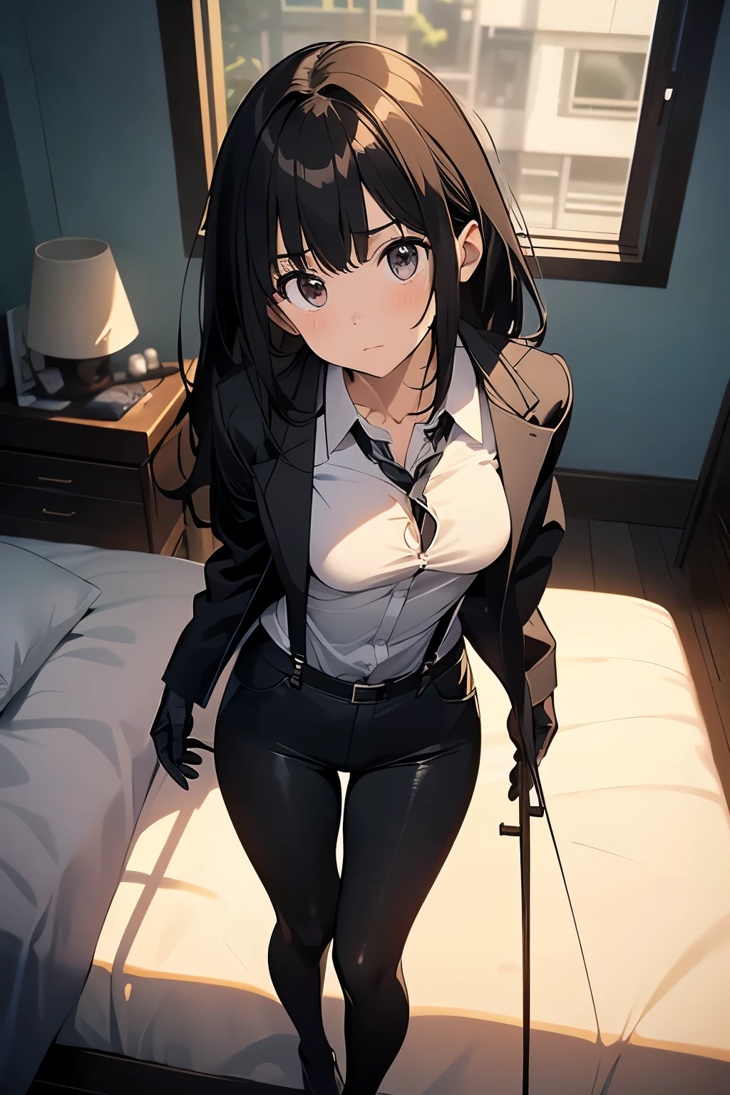 1 female, , high quality, masterpiece, Ultra-high resolution, , Cinema Lighting, , , And the suspenders with the cranes flying Moderate breasts Small face holster Lying in bed Looking up Sweat belt summer 脇Sweat Black Hole Gloves suit shirt Black jacket Black trousers Leg Links ズボンにbelt holster Hands behind your back Anxious expression Looking up Anxious face, legs apart