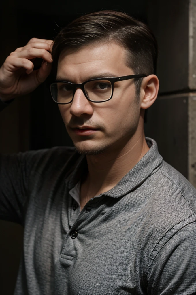 man,28 years , Slavic appearance,nationality Russian , developer,rectangular glasses with gray frames,casual style ,rough facial features,black golf,short haircut,brown-haired