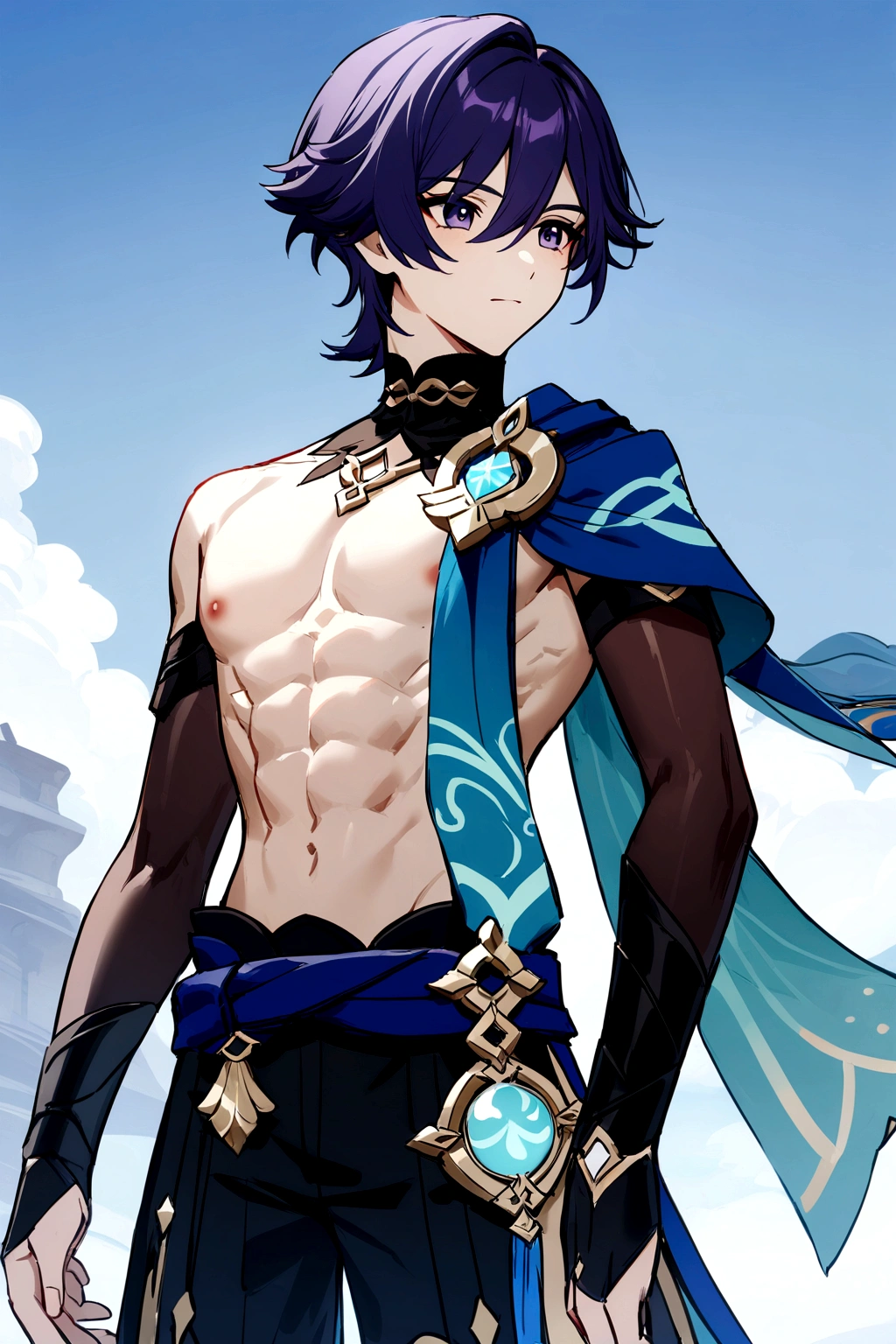 (Personagem scaramouhe/genshin impact game wanderer) Indigo Hair, shirtless with defined abs, face detailed