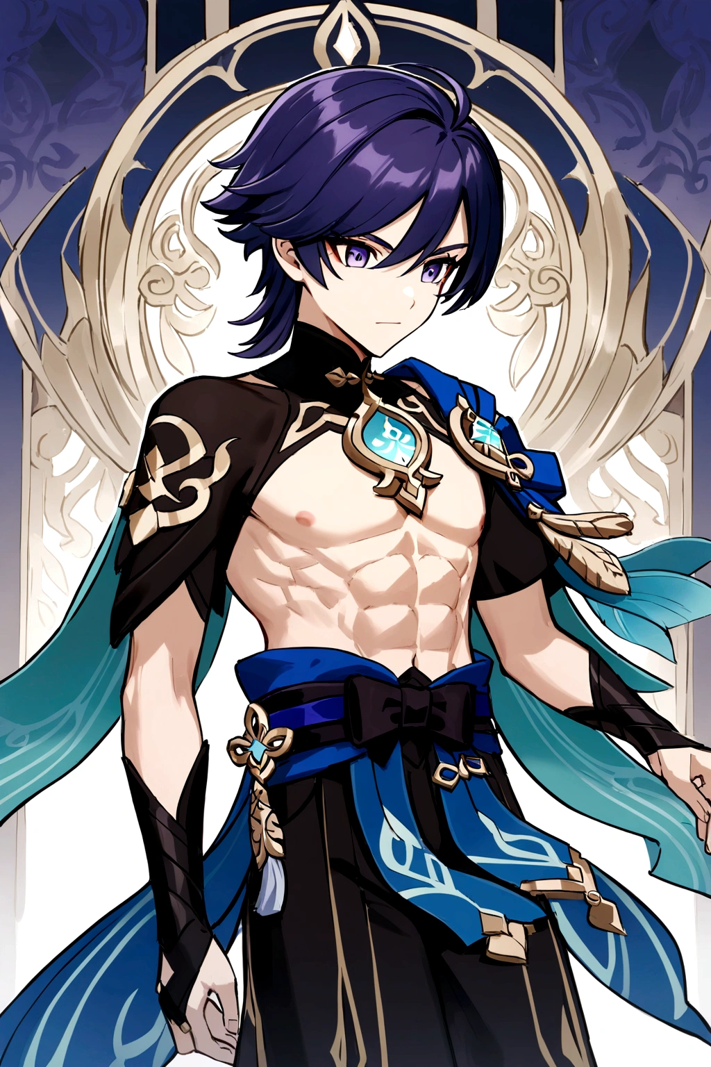 (Personagem scaramouhe/genshin impact game wanderer) Indigo Hair, shirtless with defined abs, face detailed