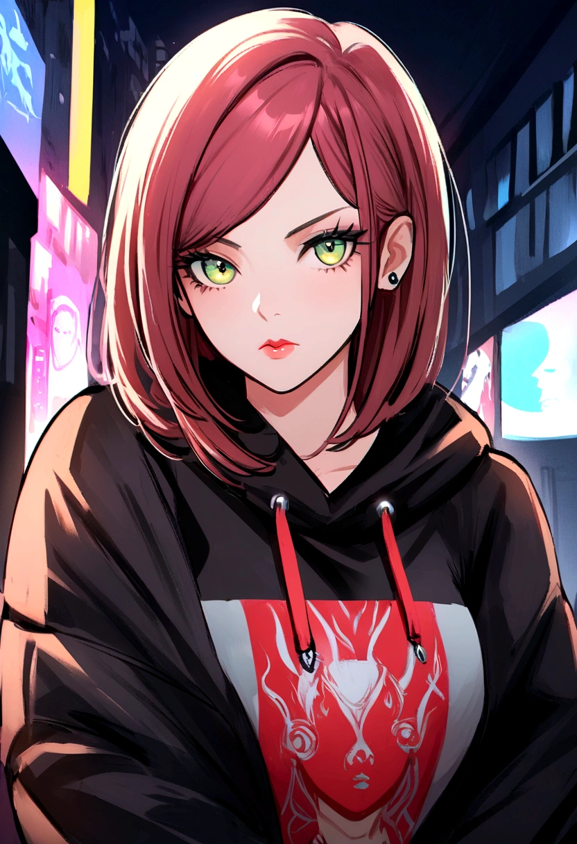 Portrait of an attractive beautiful woman, wearing a sweatshirt，inspired by "Karen Gillan", trending on art station, street style, intimidating pose, fashionable clothes,