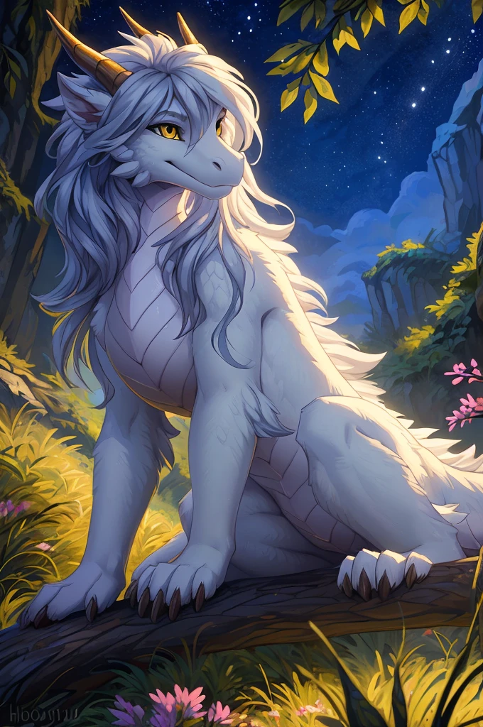 ultra-detailed, masterpiece, masterwork, high quality, best quality, hdr, posted on e621, (by hioshiru), (nature, hot spring, waterfall), nsfw, male, solo, chibi, (white little body dragon), long hairy dragon, (long silver hair, yellow eyes, detailed eyes, white body), (nude, smallpenis, foreskin, balls), stylish pose, front view, dynamic angle