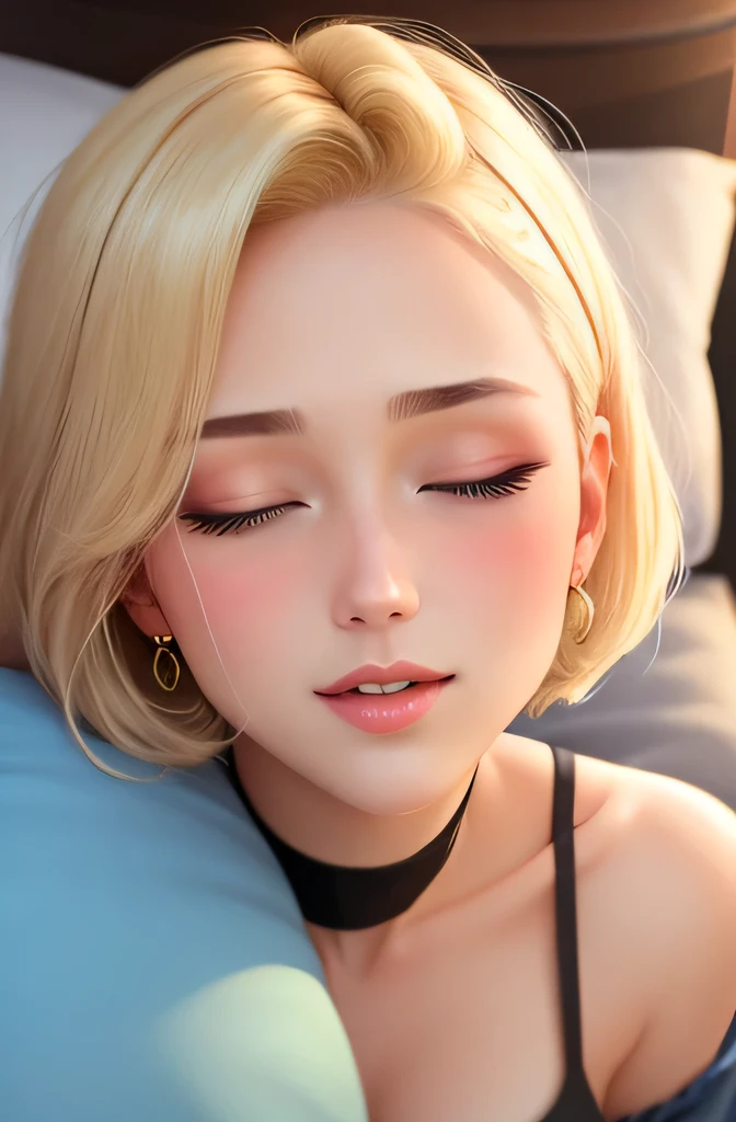 Amazing portrait of a sexy and cute woman with a beautiful face and an intense gaze smiling at us and blushing with her short blonde hair in a bob wearing some elegant earrings and a white full sleeve crop top showcasing her cleavage and a denim miniskirt lying on the bed with her head resting on a pillow facing us having medium chest with cleavage and a perfect body