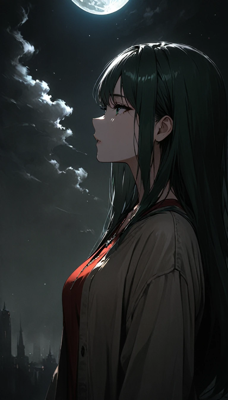 (masterpiece)、(absurdres)、(ultra detailed)、long shot,(shiny dark green hair)、(solo girl)、(dark green eyes)、 breast:0.8,(straight long hair)、BREAK,(casual beige jacket)、(red Tshirt)、(denim JEANS)、Cross Necklace:0.9、BREAK,Smoke a cigarette:1.1、smoke:1.6,half-closed eyes,side view,ass pov,looking up:1.1,looking away:moon、moonlight,closeup shot,potrait shot,