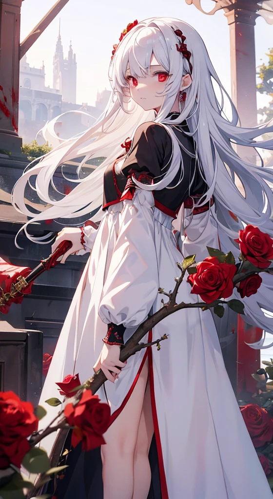 Young girl, Long white hair, Red eyes, Roses in hair, Blood blade, White Dress, No sleeve, No shoes, Blood, masterpiece, Highest quality, Full HD, 8K, Super detailed, Great graphics