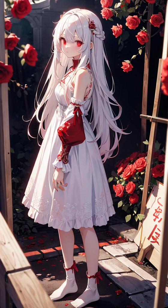 Young girl, Long white hair, Red eyes, Roses in hair, Blood blade, White Dress, No sleeve, No shoes, Blood, masterpiece, Highest quality, Full HD, 8K, Super detailed, Great graphics