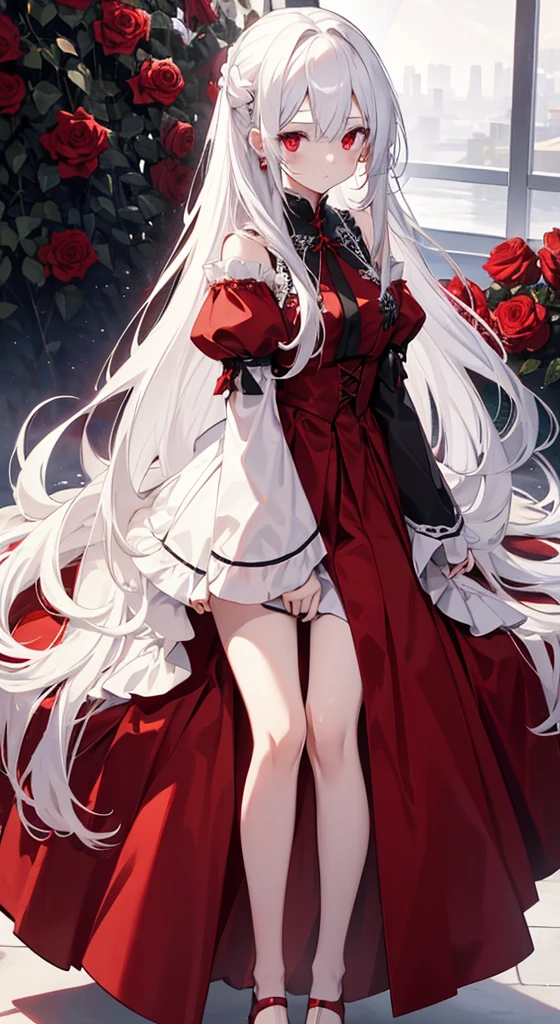 Young girl, Long white hair, Red eyes, Roses in hair, Blood blade, White Dress, No sleeve, No shoes, Blood, masterpiece, Highest quality, Full HD, 8K, Super detailed, Great graphics